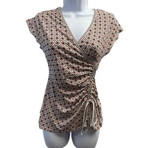 Max Studio Top Womens X-Small White Blouse Shirt Ruched Wrap Knit Career New